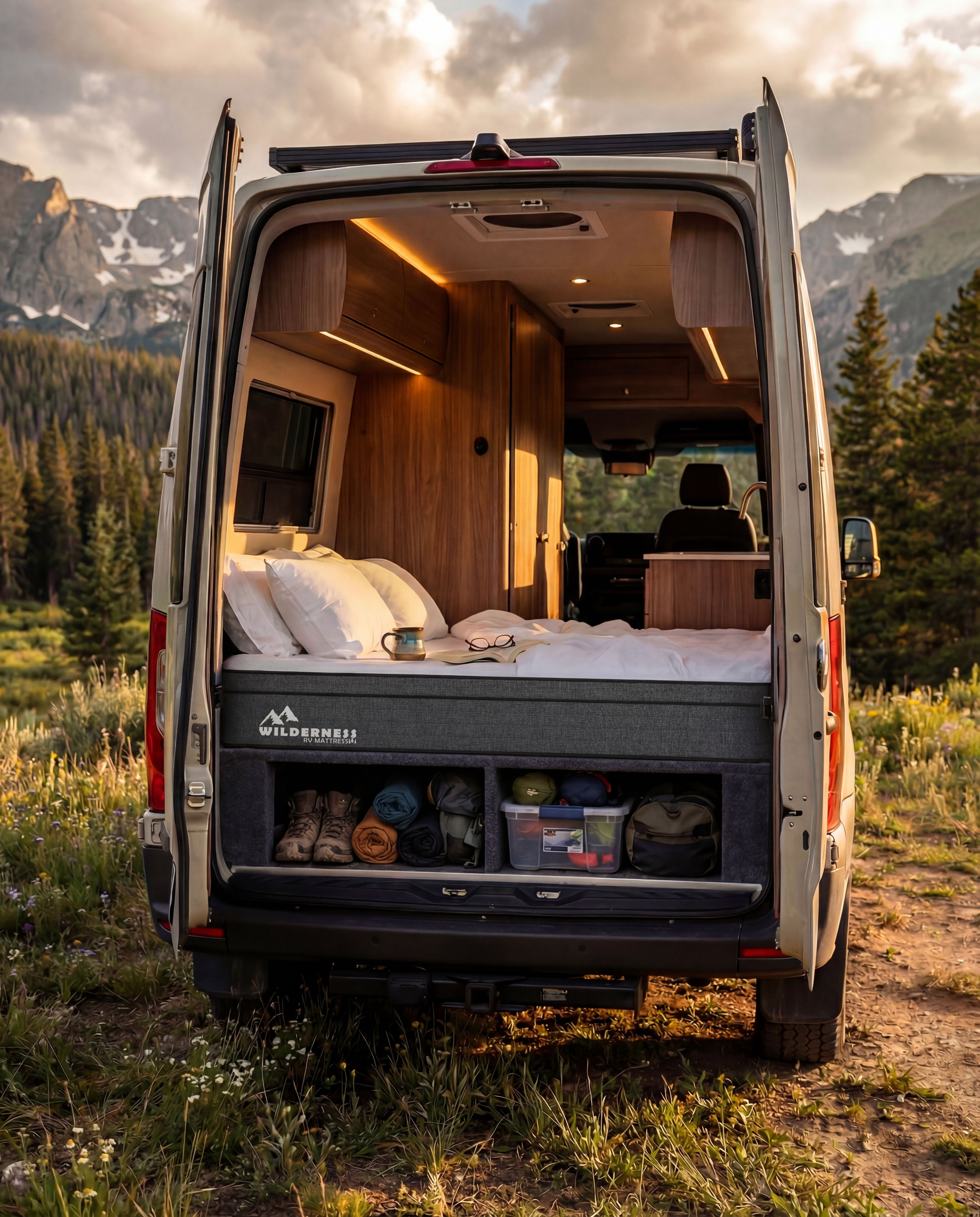 Wilderness RV Mattress in a Sprinter van with Rocky Mountain backdrop